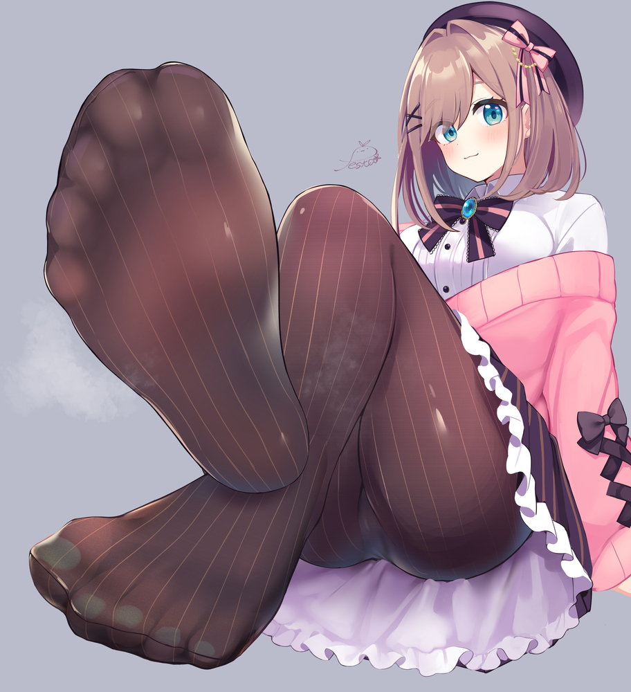 1girl blue_eyes blush bow breasts brown_hair cardigan commentary_request feet festa11307070 foot_focus frills grey_background hair_ornament hat large_breasts looking_at_viewer nijisanji no_shoes paid_reward_available pantyhose shirt signature simple_background sitting skirt soles solo striped_clothes striped_pantyhose striped_skirt suzuhara_lulu toes variant_set vertical-striped_clothes vertical-striped_pantyhose virtual_youtuber white_shirt x_hair_ornament
