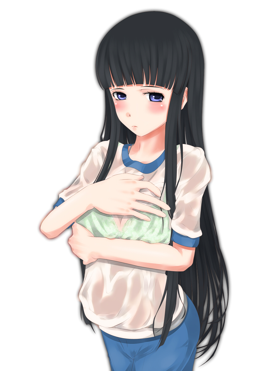 1girl a_certain_high_school_gym_uniform bare_arms black_hair blue_shorts blush bra bra_visible_through_clothes breasts closed_mouth commentary_request embarrassed feet_out_of_frame green_bra gym_shirt gym_shorts gym_uniform hand_up highres himegami_aisa long_hair looking_at_viewer medium_breasts purple_eyes see-through_clothes see-through_shirt shin_(highest1192) shirt short_sleeves shorts simple_background solo toaru_majutsu_no_index underwear very_long_hair wet wet_clothes wet_shirt white_background white_shirt