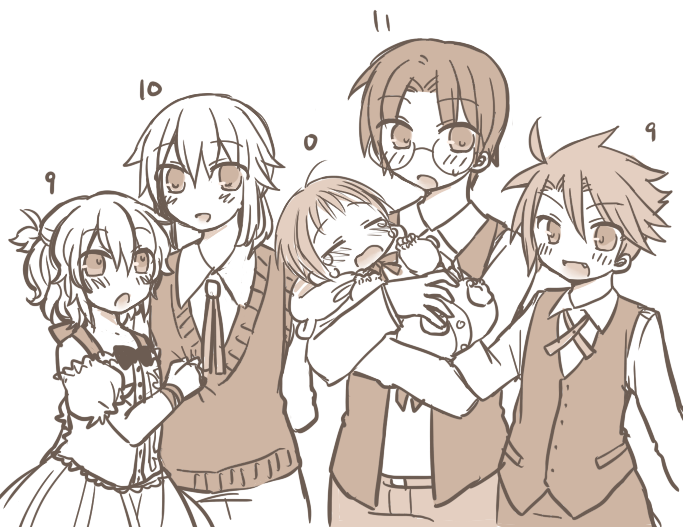2girls 3boys aged_down azuki_(lizzy) baby child cousins dress fang glasses monochrome multiple_boys multiple_girls no_naku_koro_ni_(series) open_mouth ponytail ryukishi07 siblings smile sweater_vest tears umineko_no_naku_koro_ni ushiromiya_battler ushiromiya_george ushiromiya_jessica ushiromiya_lion ushiromiya_maria vest waistcoat