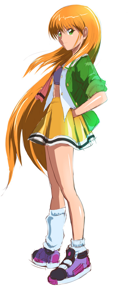 1girl akai_homura female_focus green_eyes green_jacket hand_on_own_hip jacket long_hair looking_at_viewer orange_hair shoes shopyun sketch skirt sneakers solo standing tokimeki_memorial tokimeki_memorial_2 very_long_hair yellow_skirt