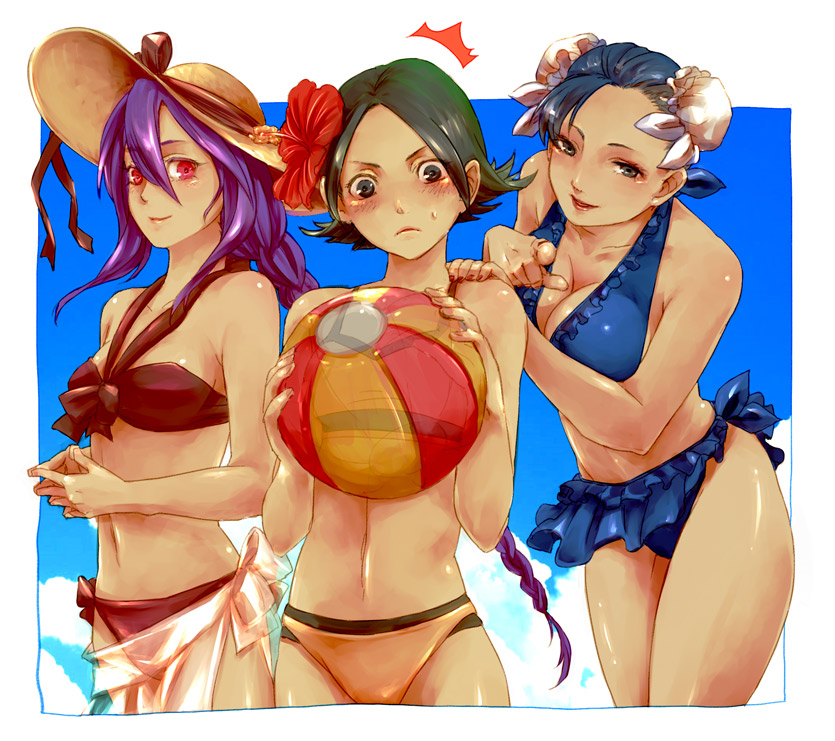 ball beachball bikini bikini_skirt black_hair blue_bikini blue_sky blush braid breasts brown_bikini bun_cover capcom chun-li cleavage crossover double_bun embarrassed flower frilled_bikini frills front-tie_bikini_top front-tie_top hair_bun hair_flower hair_ornament hand_on_another&#039;s_shoulder hat holding holding_ball holding_beachball long_hair looking_at_viewer lynn_baker m.u.g.e.n melty_blood multiple_crossover navel orange_bikini outdoors pointing pointing_at_viewer purple_hair rage_of_the_dragons red_eyes red_flower short_hair side-tie_bikini_bottom sion_eltnam_(type-moon) sion_eltnam_atlasia sion_tatari sky smile street_fighter sun_hat swimsuit tsukihime wanyuwa
