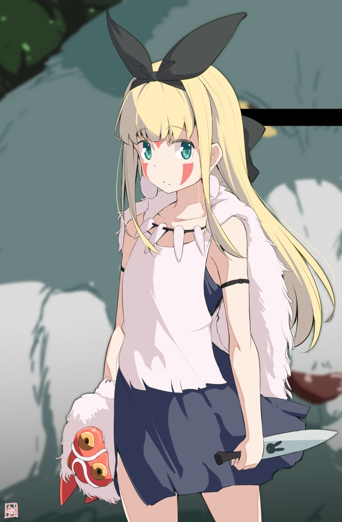 1girl armband bare_shoulders black_bow blonde_hair blunt_bangs bow cape collarbone cosplay cowboy_shot dress earrings expressionless facepaint female_focus fur_cape green_eyes hachiyoshi hair_bow jewelry knife long_hair looking_at_viewer mask mononoke_hime necklace original san san_(cosplay) san_(mononoke_hime) signature solo tank_top tooth_necklace unworn_mask virtual_youtuber