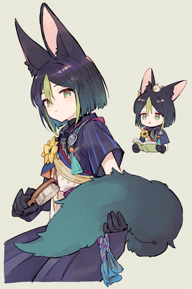 1boy :o animal_ear_fluff animal_ears bird bird_ears black_hair brush chibi closed_mouth ear_piercing flower fox_boy fox_ears fox_tail genshin_impact gloves gradient_hair green_hair grey_background hair_between_eyes highres holding holding_brush holding_tail jewelry looking_at_viewer male_focus medal multicolored_hair multiple_views parted_lips piercing short_sleeves simple_background soto tail tassel tighnari_(genshin_impact) yellow_flower