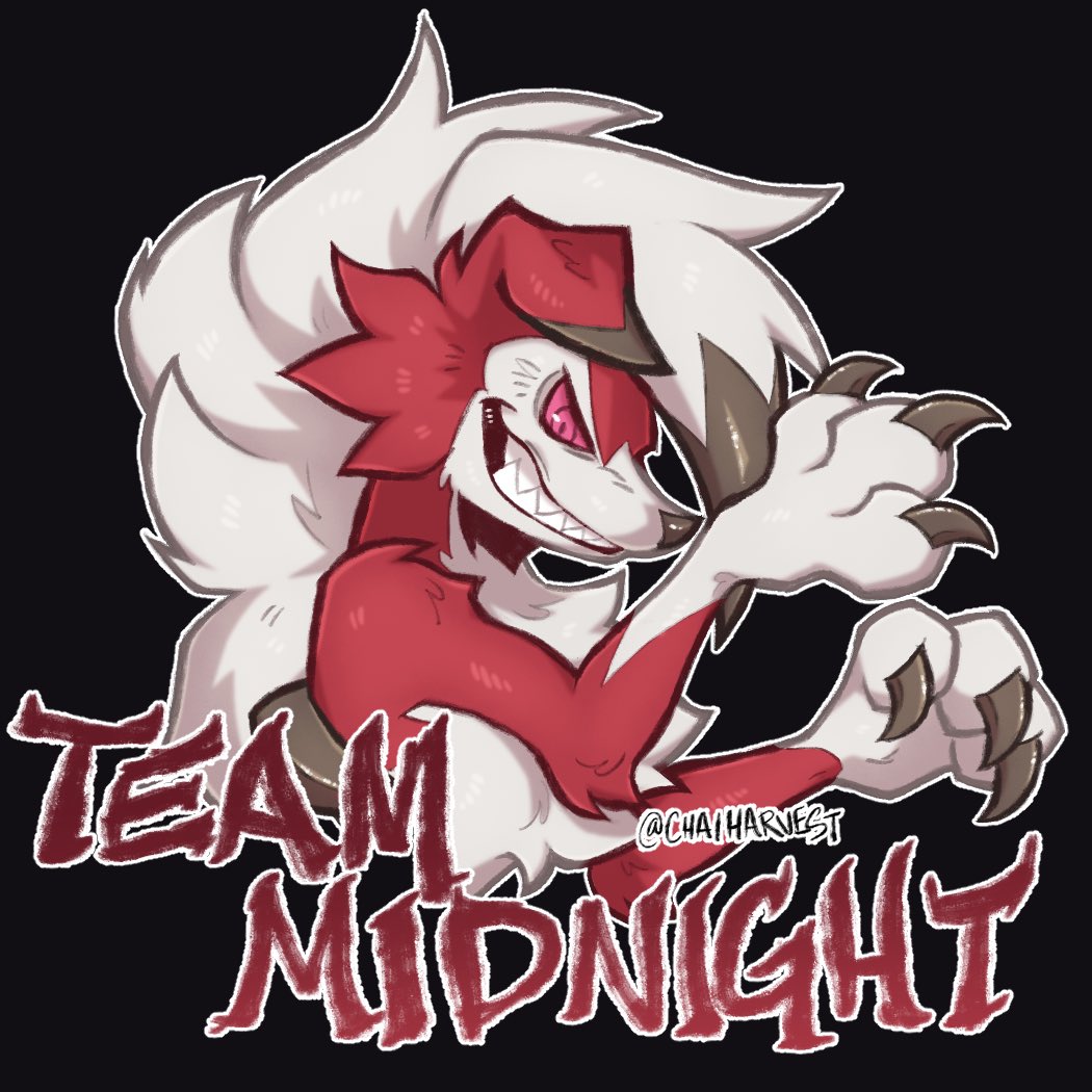 artist_name black_background chaiharvest claws english_text game_freak gen_7_pokemon lycanroc lycanroc_(midnight) nintendo no_humans pink_eyes pokemon pokemon_(creature) red_fur sharp_teeth simple_background solo teeth two-tone_fur upper_body white_fur