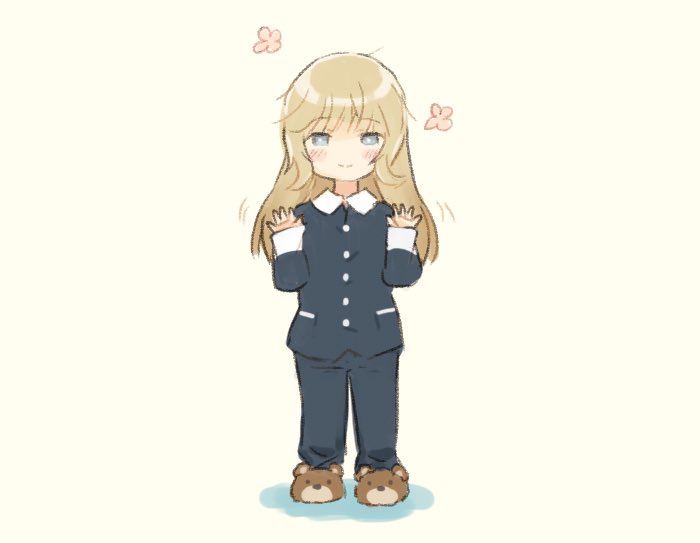 1girl alternate_hairstyle bear_slippers black_pajamas blonde_hair brown_slippers full_body green_eyes hair_down hands_up kantai_collection long_hair looking_at_viewer negative_space pajamas ranger_(kancolle) saiguchi_otoufu slippers smile solo