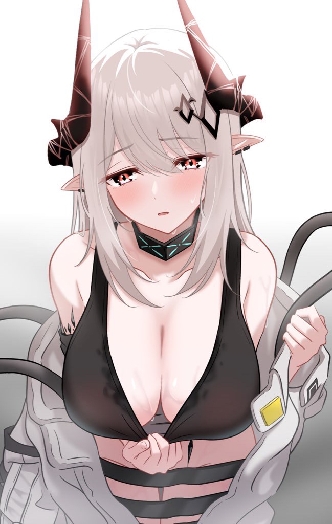 1girl arknights aruku_(arukunights) bare_shoulders black_sports_bra blush breasts cleavage clothes_pull collarbone commentary_request demon_girl demon_horns from_above hair_ornament hands_up horns infection_monitor_(arknights) jumpsuit jumpsuit_around_waist large_breasts long_hair material_growth mudrock_(arknights) mudrock_(elite_ii)_(arknights) oripathy_lesion_(arknights) parted_lips pointy_ears red_eyes simple_background solo sports_bra sports_bra_pull sweat white_background white_hair white_jumpsuit