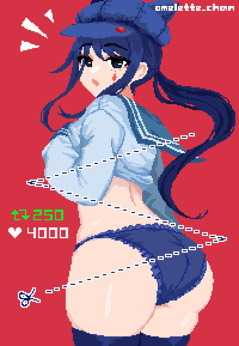 1girl artist_name ass black_eyes black_panties black_thighhighs blue_eyes blue_sailor_collar commentary cool_mita_(miside) cowboy_shot cropped_shirt cut-here_line english_commentary facial_mark frilled_panties frills from_behind like_and_retweet long_hair long_sleeves looking_at_viewer looking_back mark_under_eye miside mita_(miside) no_pants notice_lines omelette_chan open_mouth panties pixel_art ponytail red_background sailor_collar school_uniform scissors serafuku sidelocks simple_background solo teardrop_facial_mark thighhighs twitter_strip_game underwear