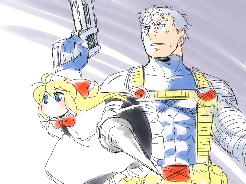 1boy 1girl apron blonde_hair blue_bodysuit blue_eyes bodysuit bow cable_(marvel) capelet crossover doll dress floating gun hair_bow handgun holding holding_gun holding_weapon lance long_hair looking_to_the_side m.u.g.e.n marvel mo_(wkmdw) muscular muscular_male partially_colored polearm prosthesis prosthetic_arm shanghai_doll short_hair superhero_costume touhou very_short_hair waist_apron weapon white_capelet white_hair x-men