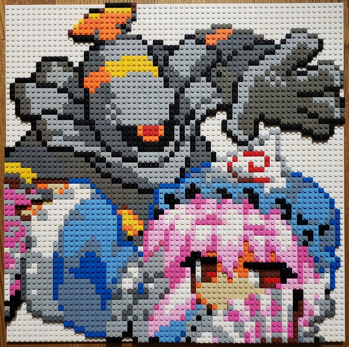 1girl blue_headwear covered_mouth dusknoir game_freak gen_4_pokemon hand_fan holding holding_fan lego lego_(medium) long_sleeves looking_at_viewer nintendo photo_(medium) pink_hair pixel_art pokemon pokemon_(creature) red_eyes saigyouji_yuyuko short_hair simple_background touhou triangular_headpiece unconventional_media upper_body white_background wide_sleeves you_rei_(blowback)