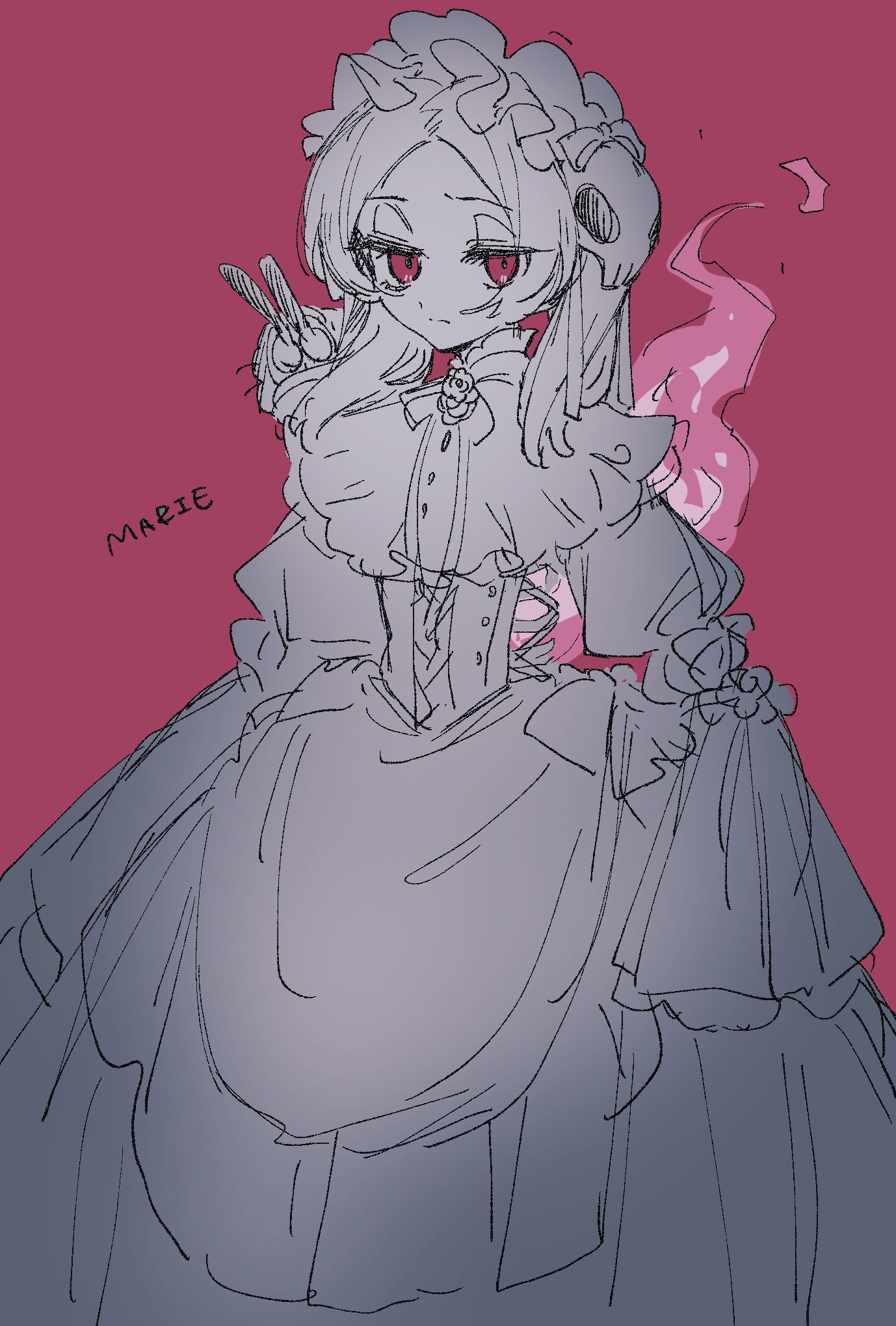1girl alternate_costume animal animal_on_shoulder bloody_marie_(skullgirls) bonnet dress dust_bunny_(skullgirls) fire frilled_dress frills hair_ornament half-closed_eyes red_background red_eyes ribs skeleton sketch skull_hair_ornament skullgirls solo spot_color twintails