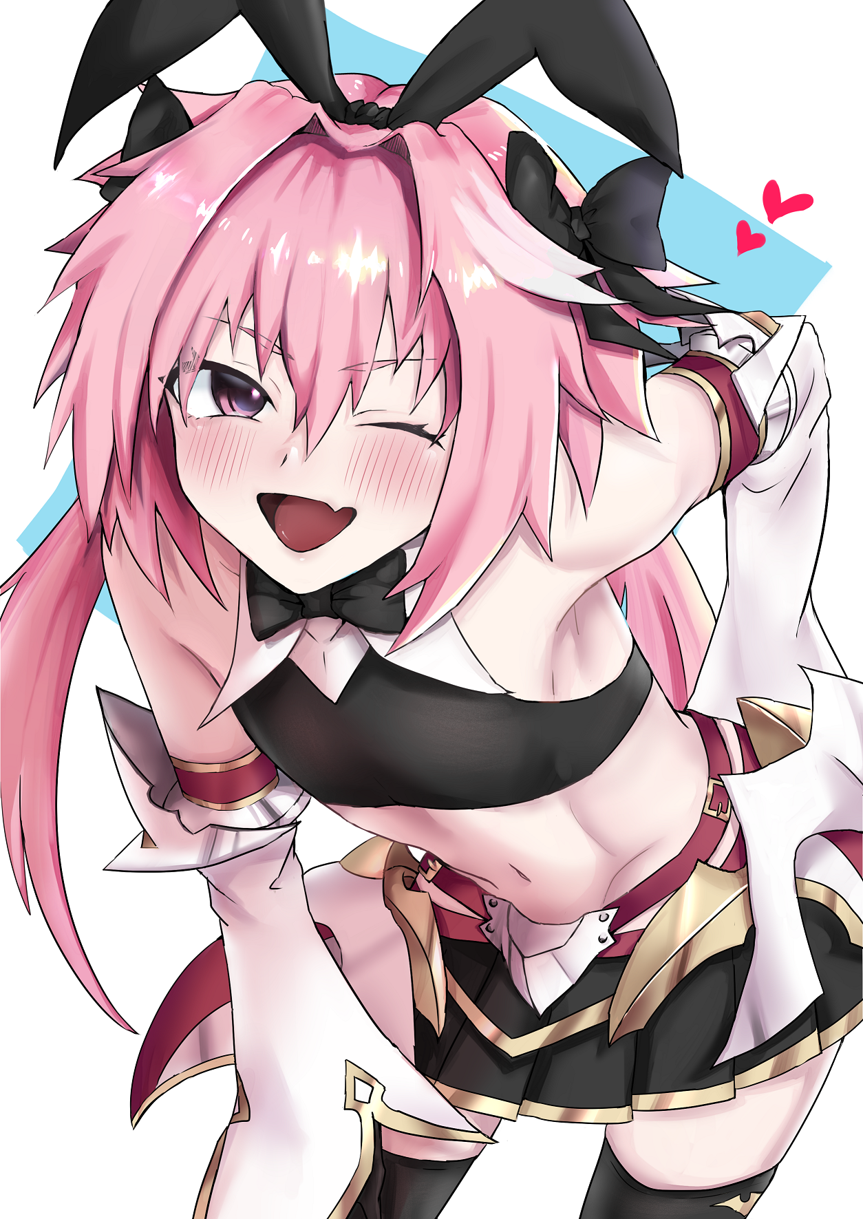 1boy animal_ears arm_behind_back astolfo_(fate) astolfo_(saber)_(fate) astolfo_(saber)_(first_ascension)_(fate) black_bow black_bowtie black_gloves black_thighhighs blush bow bowtie crop_top detached_sleeves fake_animal_ears fang fate/grand_order fate_(series) gloves gold_trim hair_bow hair_intakes heart highres long_hair male_focus midriff multicolored_hair one_eye_closed pettarou pink_hair pleated_skirt purple_eyes rabbit_ears red_ribbon ribbon skin_fang skirt smile solo streaked_hair thighhighs trap twintails two-tone_hair very_long_hair white_background white_hair wing_collar