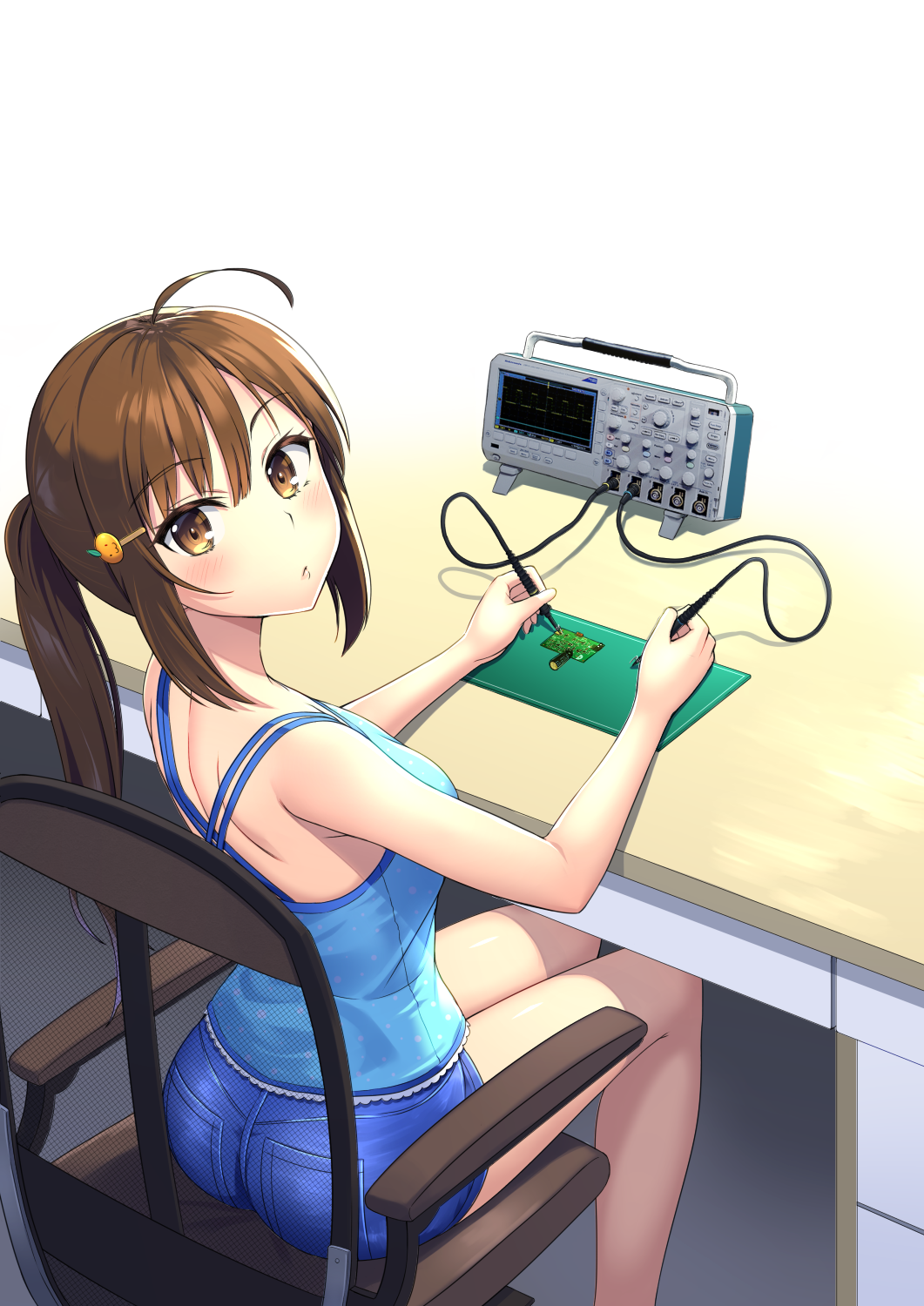 1girl ahoge ass bare_legs blush breasts brown_eyes brown_hair chair circuit_board commentary_request denim denim_shorts desk female_focus hair_ornament hairclip highres long_hair looking_at_viewer looking_back medium_breasts original oscilloscope oyaji-sou ponytail short_shorts shorts simple_background sitting sleeveless solo table white_background