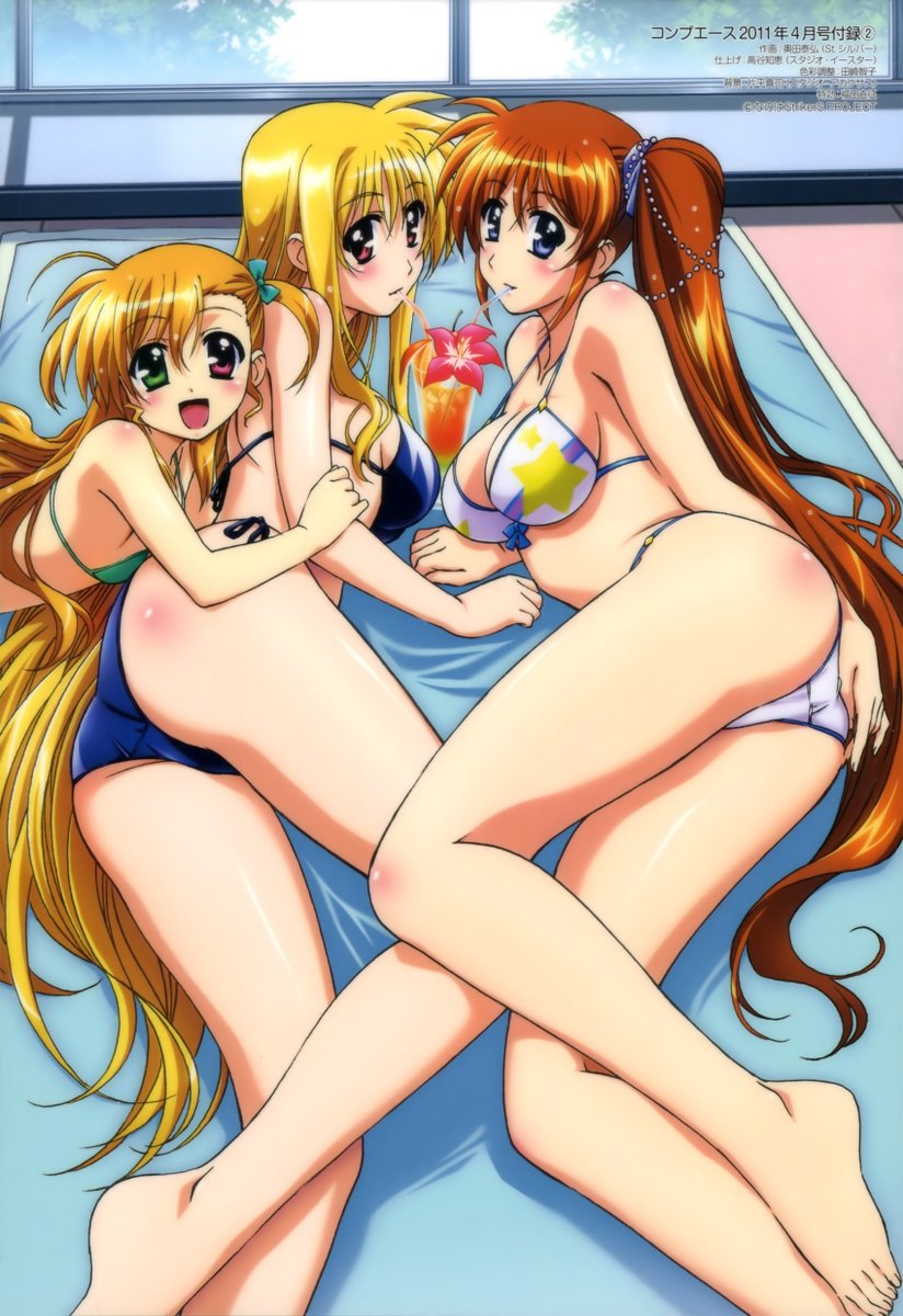 3girls ass barefoot bikini blonde_hair blue_eyes blush breasts cleavage couple drink drinking_straw family fate_testarossa feet green_eyes happy heterochromia highres large_breasts long_hair looking_at_viewer lyrical_nanoha mahou_shoujo_lyrical_nanoha mahou_shoujo_lyrical_nanoha_strikers medium_breasts multiple_girls official_art okuda_yasuhiro red_eyes side_ponytail small_breasts smile swimsuit takamachi_nanoha toes very_long_hair vivio yuri