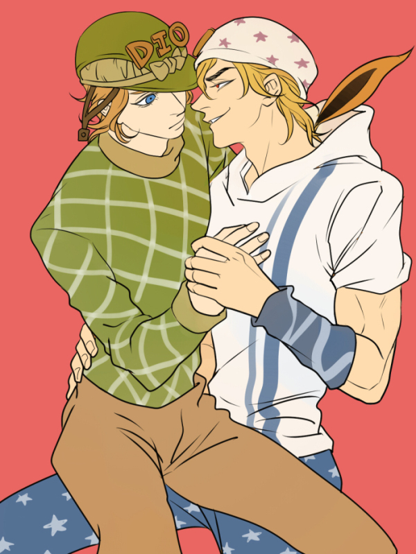 2boys blonde_hair blue_eyes cosplay costume_switch diego_brando diego_brando_(cosplay) green_shirt hat johnny_joestar johnny_joestar_(cosplay) jojo_no_kimyou_na_bouken kilva_lollop male_focus multiple_boys red_eyes shirt simple_background steel_ball_run