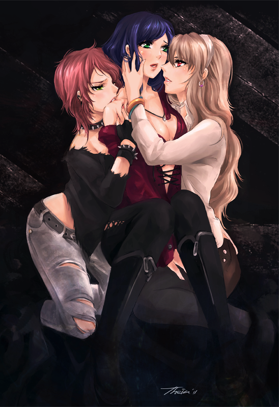 00s 3girls biting blue_hair breasts brown_hair cleavage fujino_shizuru girl_sandwich hand_on_another&#039;s_face kuga_natsuki lilaccu medium_breasts multiple_girls my-hime pantyhose red_hair sandwiched torn_clothes yuri yuuki_nao
