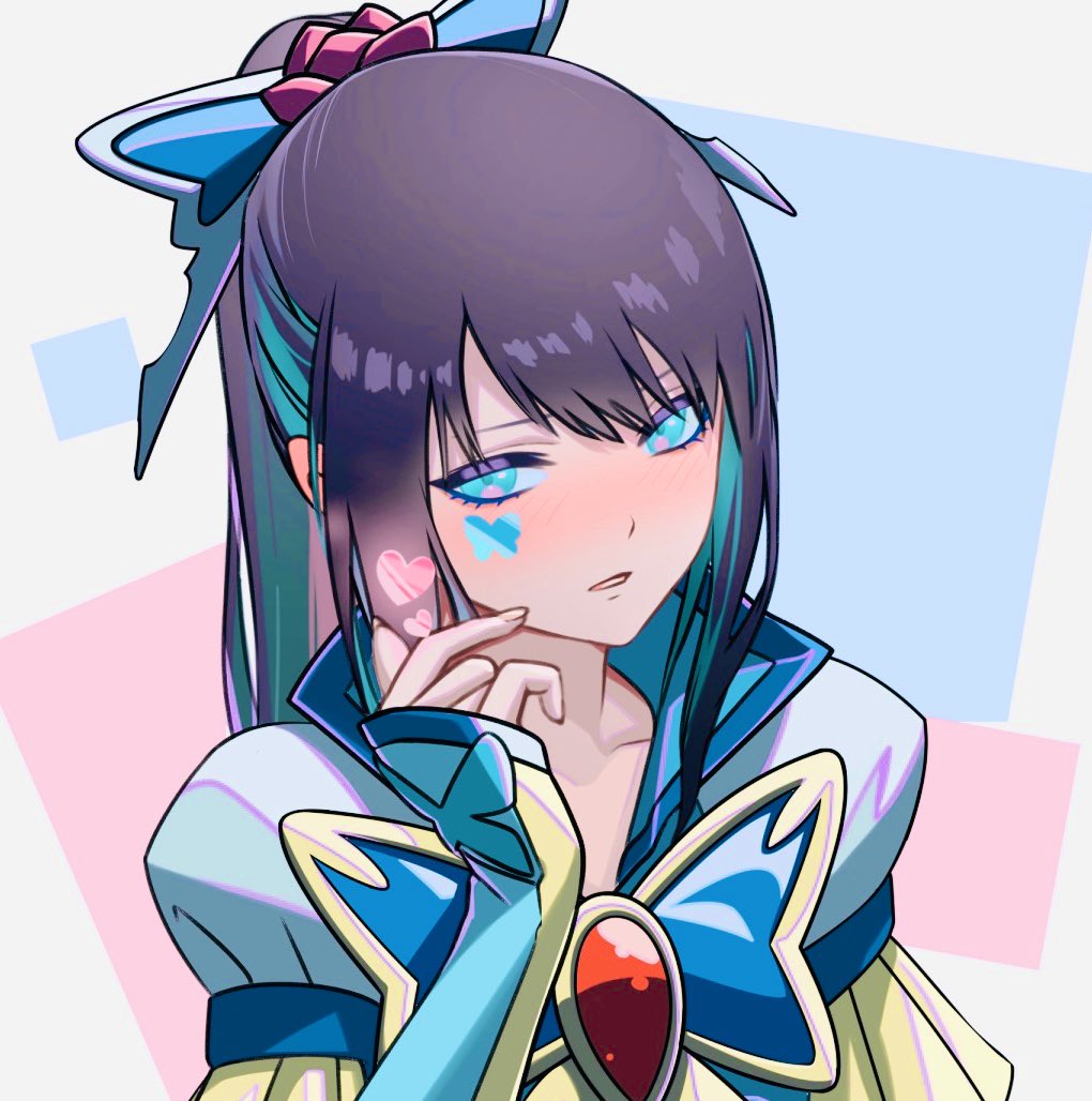 1girl ado_(utaite) aqua_eyes aqua_hair averting_eyes black_hair blue_bow blue_eyes blue_hair blush bow bug butterfly clothing_request colored_inner_hair cosplay cure_aqua cure_aqua_(cosplay) egoist_tosummer embarrassed hair_bow hand_up heart high_ponytail insect juliet_sleeves long_hair long_sleeves multicolored_hair nose_blush parted_lips ponytail precure puffy_sleeves sidelocks solo two-tone_hair upper_body yes!_precure_5 yes!_precure_5_gogo!