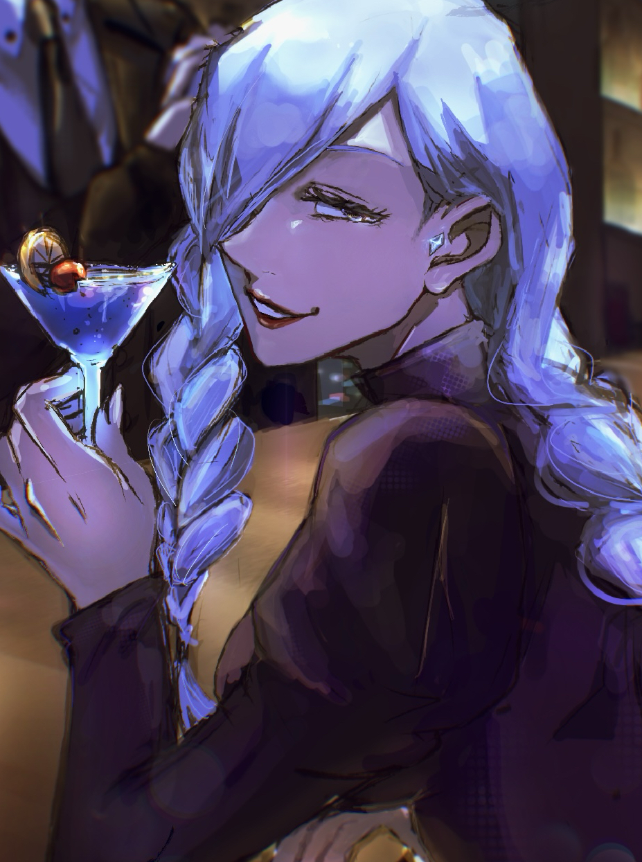 1girl 1other alcohol bar_(place) black_bodysuit black_jacket black_necktie bodysuit braid braided_bangs commentary crystal_earrings cup drink drinking_glass earrings grey_hair grin hair_over_one_eye highres holding holding_cup hugudoku415 indoors jacket jewelry jujutsu_kaisen long_hair looking_at_viewer low-braided_long_hair low-tied_long_hair mature_female mei_mei_(jujutsu_kaisen) necktie one_eye_covered out_of_frame seductive_smile shirt single_braid smile white_shirt
