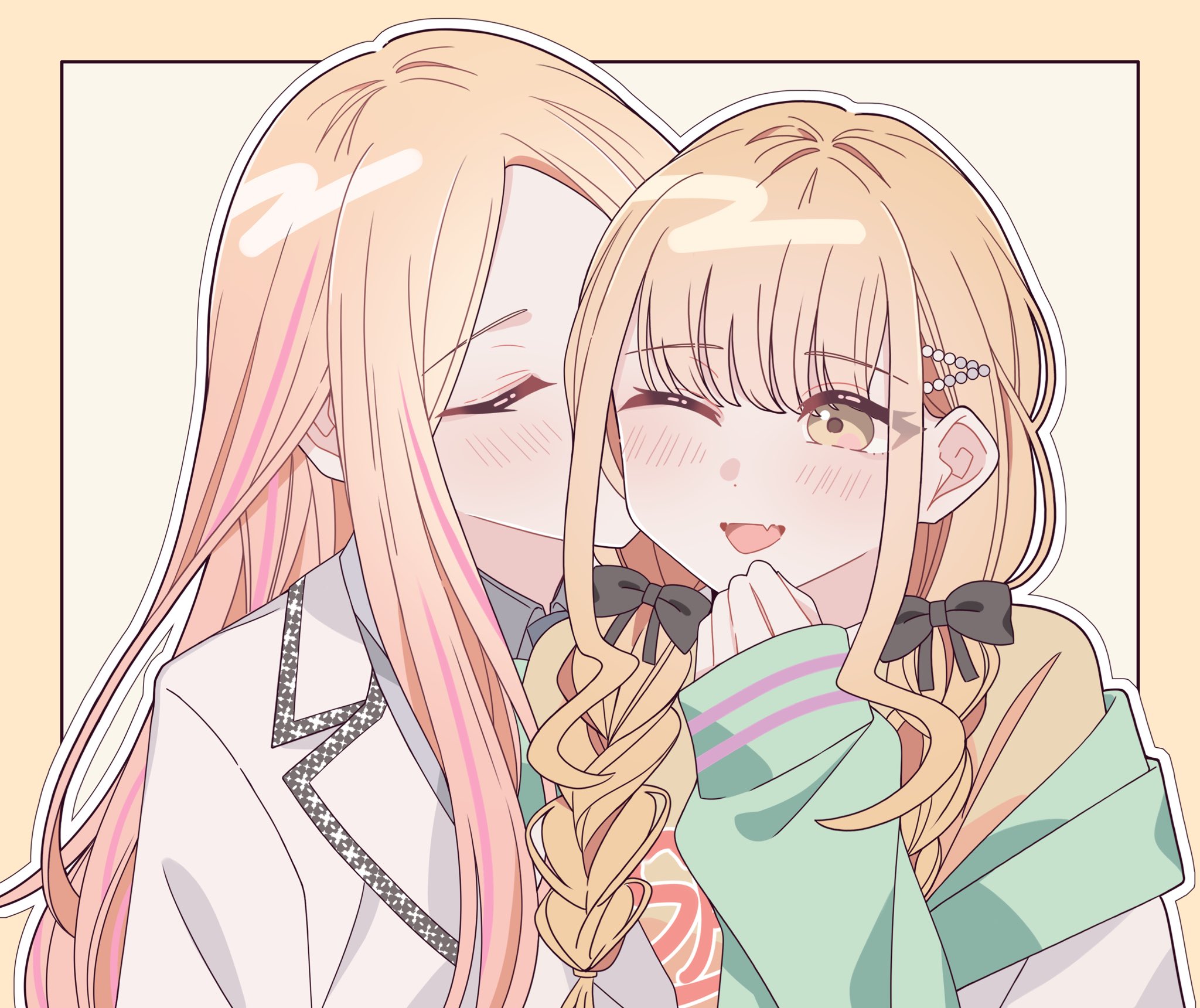 2girls black_bow blonde_hair blush border bow braid closed_eyes collared_shirt commentary fang fujita_kotone gakuen_idolmaster green_jacket grey_shirt hair_bow highres idolmaster jacket juo_sena kiss kissing_cheek kousaka_0v0 long_hair long_sleeves multiple_girls one-eyed outline shirt simple_background skin_fang sleeves_past_wrists smile twin_braids upper_body white_background white_jacket white_outline yellow_border yellow_eyes yellow_shirt yuri
