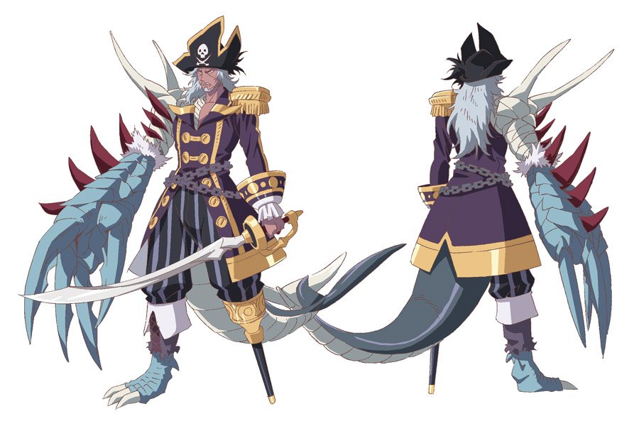 1boy baggy_pants beard dragon_pirate_john_silver_(grimms_notes) facial_hair grimms_notes grimms_notes_the_animation hat holding holding_sword holding_weapon kawashima_hisashi leg_support long_hair male_focus messy_hair mustache official_art pants pirate_hat scales simple_background solo sword weapon white_background
