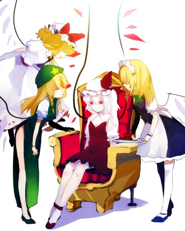 4girls albino apron bad_id bad_pixiv_id blonde_hair blue_dress braid cake chair colored_skin cosplay daimaou_ruaeru dress flandre_scarlet food four_of_a_kind_(touhou) green_dress hat hong_meiling hong_meiling_(cosplay) izayoi_sakuya izayoi_sakuya_(cosplay) maid maid_apron maid_headdress mob_cap multiple_girls open_mouth red_dress red_eyes remilia_scarlet remilia_scarlet_(cosplay) side_ponytail side_slit sitting smile star_(symbol) thighhighs touhou tray twin_braids waist_apron white_dress white_hair white_skin wings