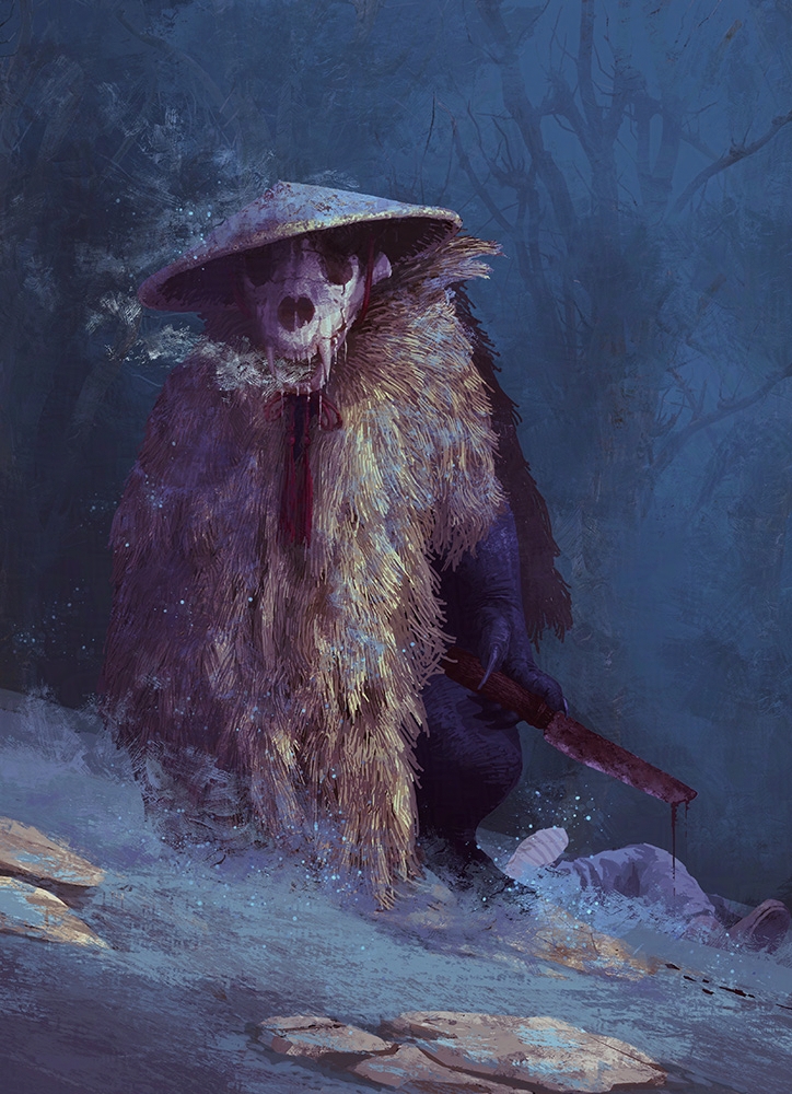 animal_skull blood bloody_weapon breath claws death fangs fog hat holding holding_weapon horror_(theme) monster nata_(tool) original outdoors rice_hat snow standing straw_cape teeth toy(e) weapon