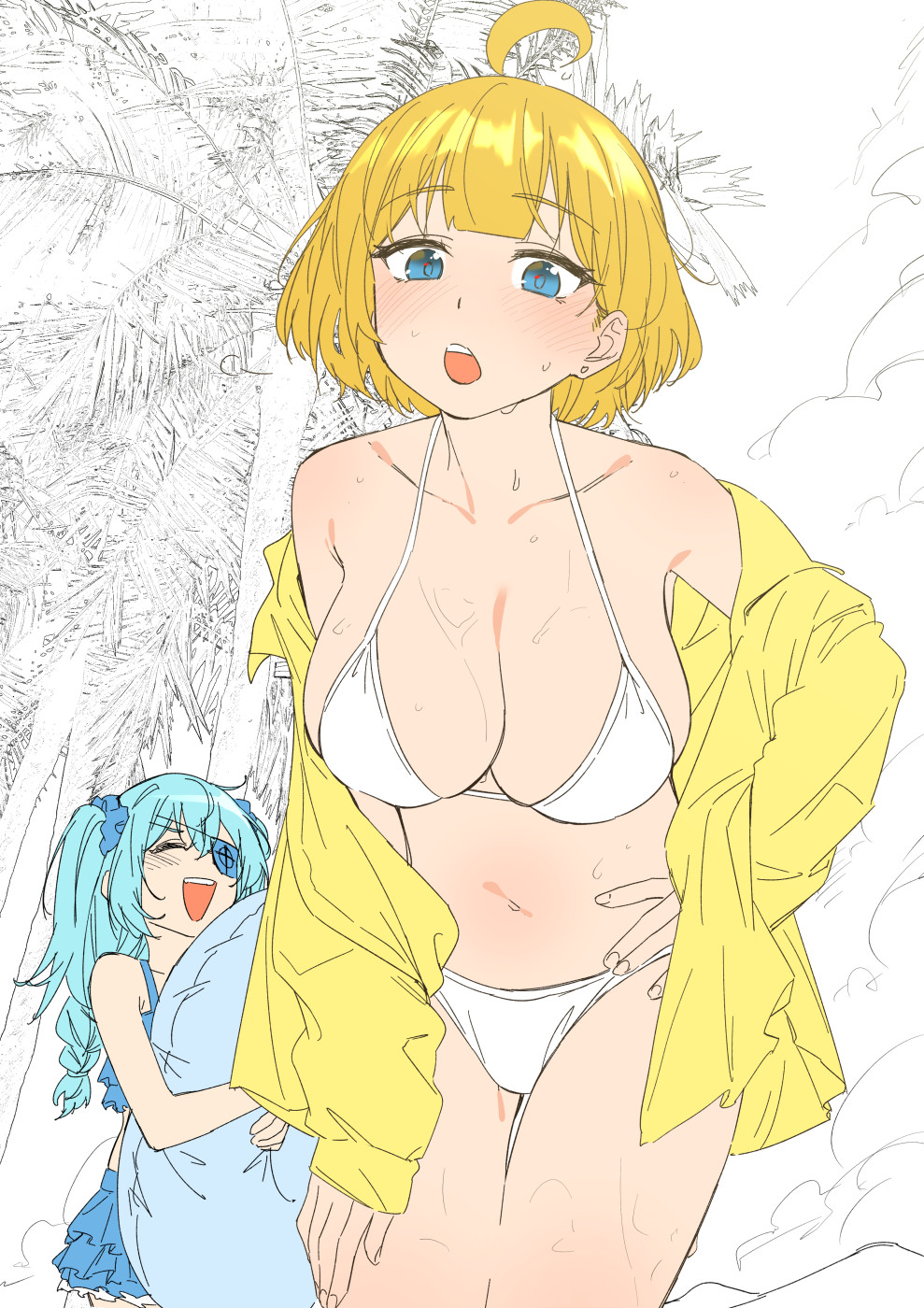 2girls :o ahoge aqua_hair bikini blonde_hair blue_bikini blue_eyes blush braid breasts closed_eyes eyepatch flat_color griffon_(last_origin) hair_ornament hair_scrunchie hand_on_own_hip highres holding ichihyaku_nanajuu large_breasts last_origin long_hair long_sleeves looking_at_viewer lrl_(last_origin) multiple_girls open_clothes open_mouth open_shirt scrunchie shirt swimsuit wet yellow_shirt