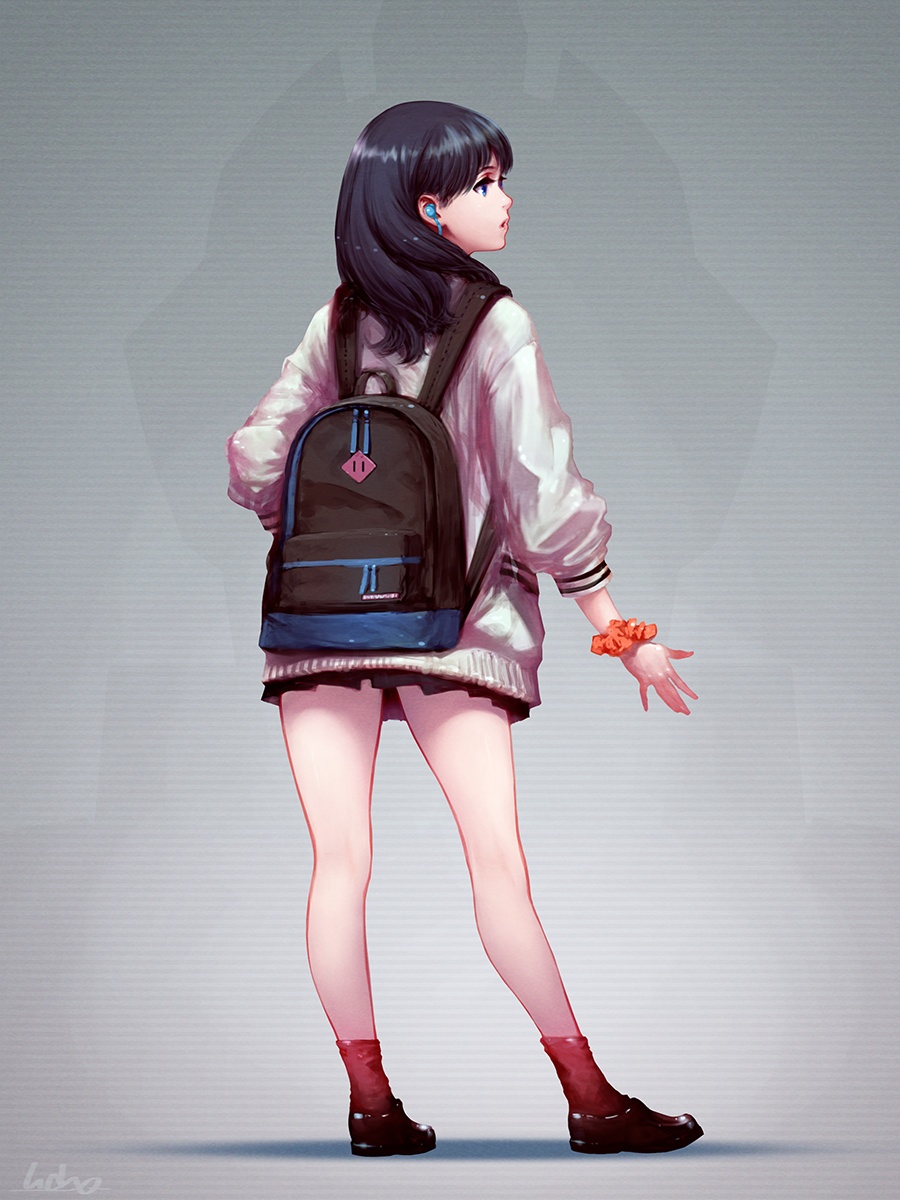1girl backpack bag black_hair blue_eyes cardigan earbuds earphones from_behind full_body gridman_universe highres long_hair profile senda_satoru skirt solo ssss.gridman takarada_rikka