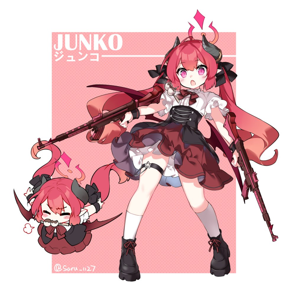 1girl :o assault_rifle black_footwear blue_archive blush_stickers bow breasts character_name chibi closed_eyes dango dual_wielding duplicate fang food food_in_mouth gun halo holding holding_gun holding_weapon horns junko_(blue_archive) long_hair low_wings mouth_hold multiple_views open_mouth pink_background pixel-perfect_duplicate puffy_short_sleeves puffy_sleeves purple_eyes red_bow red_eyes red_skirt red_wings rifle saru shirt shoes short_sleeves skirt small_breasts socks stg44 twintails two-tone_background very_long_hair wagashi weapon white_background white_shirt white_socks wings wristband