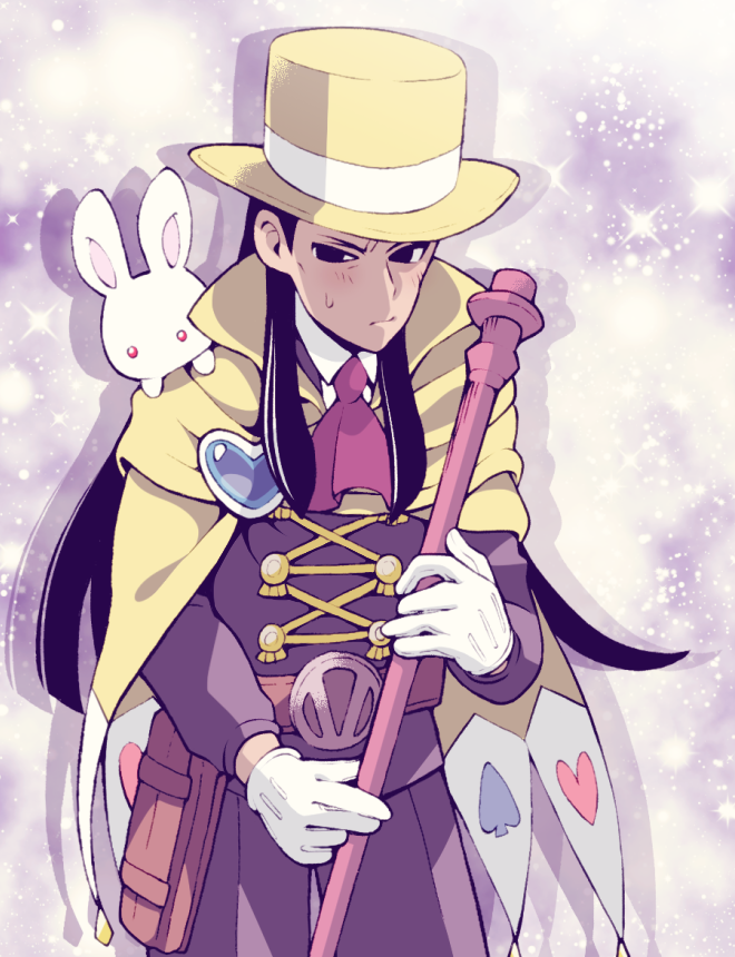 1boy ace_attorney apollo_justice:_ace_attorney ascot belt belt_pouch blush brooch brown_belt cane cape closed_mouth gloves hat holding holding_cane jacket jewelry long_hair long_sleeves looking_at_viewer magician male_focus minashirazu pouch rabbit red_ascot solo sweatdrop top_hat white_gloves white_rabbit_(animal) yellow_cape yellow_hat zak_gramarye