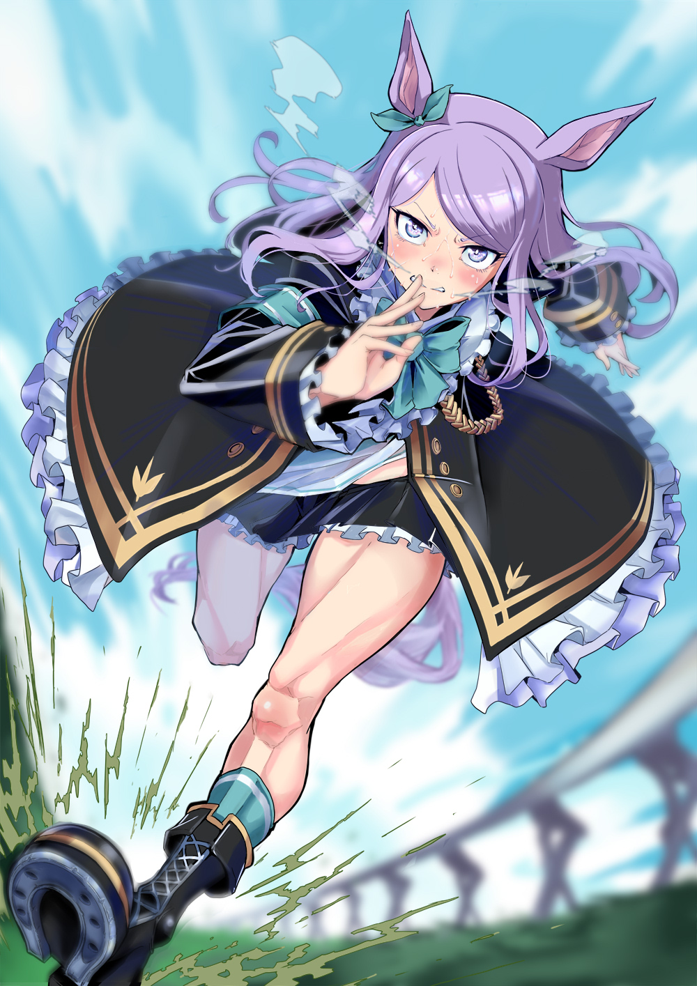 1girl animal_ears black_boots black_jacket black_skirt blue_sky blush boots bow cloud cloudy_sky day full_body green_thighhighs hair_bow highres horse_ears horse_girl horse_tail jacket long_hair long_sleeves looking_at_viewer mejiro_mcqueen_(umamusume) open_clothes open_jacket open_mouth outdoors purple_eyes purple_hair running shoe_soles skirt sky solo sweat tail take_nii thighhighs umamusume v-shaped_eyebrows