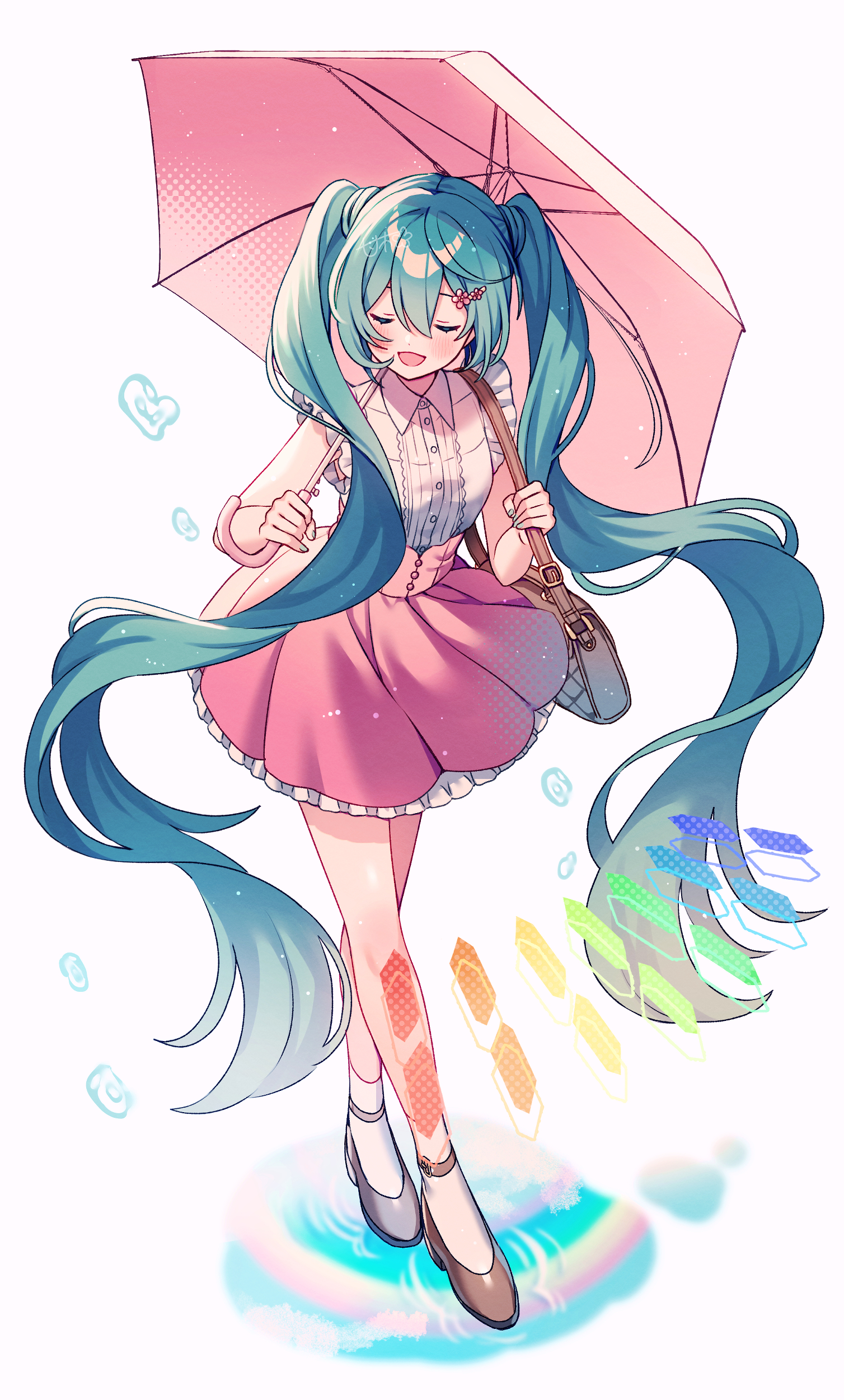 1girl absurdres amagi_hana bag black_footwear blue_sky blush closed_eyes cloud commentary_request frilled_skirt frills green_hair handbag hatsune_miku high_heels highres holding holding_umbrella long_hair looking_to_the_side melt_(vocaloid) open_mouth pink_skirt puddle rainbow shirt short_sleeves simple_background skirt sky smile socks solo twintails umbrella very_long_hair vocaloid white_background white_shirt white_socks