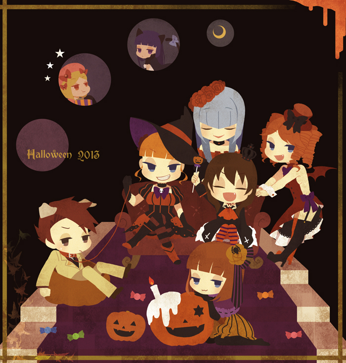 10s 1boy 2013 6+girls :3 animal_ears ascot bad_id bad_pixiv_id beatrice_(umineko) black_legwear blonde_hair blue_eyes blue_hair bow breasts brown_eyes brown_hair candle candy cat_ears cat_tail collar crescent_moon crossed_legs crown dog_ears dress drill_hair eva_beatrice fang flower food frederica_bernkastel gaap_(umineko) garter_straps grin halloween hat jack-o&#039;-lantern lambdadelta leash lollipop maria_(umineko) moon multiple_girls no_naku_koro_ni_(series) open_mouth orange_hair purple_eyes red_eyes red_hair rose ryukishi07 sideboob silver_hair sitting smile star_(symbol) suzume_(s_z_m) tail thighhighs umineko_no_naku_koro_ni ushiromiya_battler ushiromiya_maria virgilia_(umineko) witch_hat