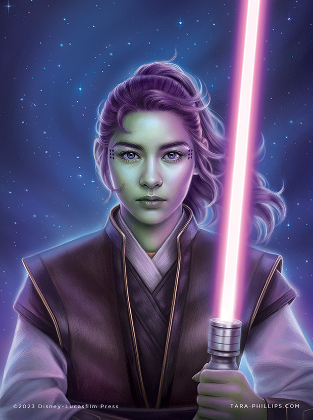 1girl alien artist_name brown_tunic colored_skin energy_sword green_skin green_sky holding holding_sword holding_weapon jedi lightsaber looking_at_viewer mirialan outdoors pink_lightsaber ponytail purple_hair shirt sky solo space star_(sky) star_wars star_wars:_the_high_republic sword tara_phillips textless_version tunic upper_body vernestra_rwoh watermark weapon web_address white_shirt