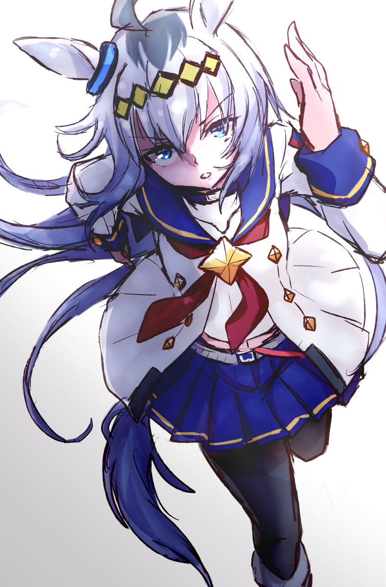 1girl ahoge animal_ears belt blue_eyes blue_skirt hair_between_eyes highres horse_girl jacket long_hair long_sleeves nanamine_nanao oguri_cap_(umamusume) pantyhose pleated_skirt school_uniform serafuku skirt solo tail umamusume