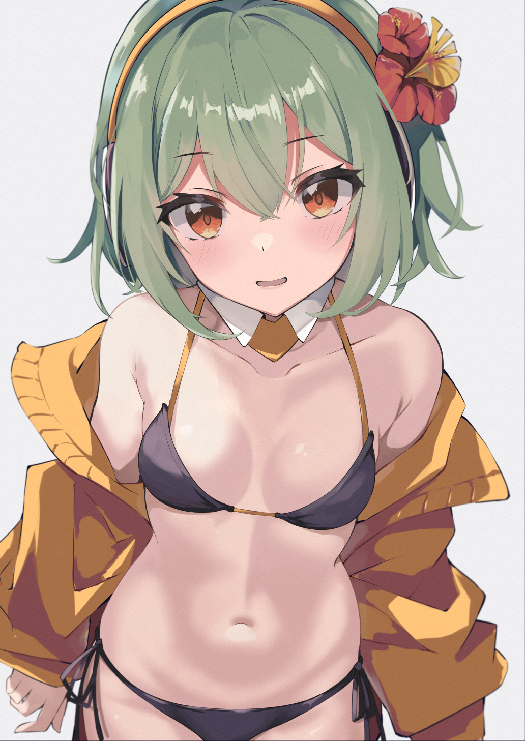 1girl bare_shoulders bikini black_bikini chunithm cowboy_shot detached_collar flower green_hair hair_flower hair_ornament hairband halterneck hibiscus highres jacket long_sleeves looking_at_viewer mushpz navel off_shoulder open_clothes open_jacket open_mouth red_eyes short_hair side-tie_bikini_bottom sky_feather_(chunithm) smile solo stomach string_bikini swimsuit yellow_jacket