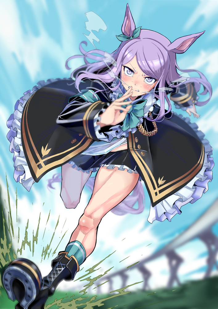 1girl black_boots black_jacket black_skirt blue_sky blush boots bow cloud cloudy_sky green_thighhighs hair_bow jacket long_hair long_sleeves looking_at_viewer mejiro_mcqueen_(umamusume) open_clothes open_jacket open_mouth outdoors purple_eyes purple_hair running shoe_soles skirt sky solo sweat take_nii thighhighs umamusume v-shaped_eyebrows
