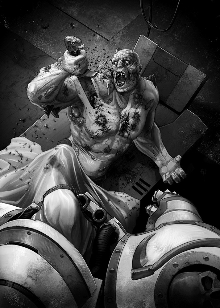 2boys adeptus_astartes armor attempted_suicide bald blanket blood breastplate broken broken_weapon bug cable chaos_(warhammer) commentary constricted_pupils covering_with_blanket crazy_eyes dagger damaged_skin death_guard decay disease dust eagle_head_(ornament) english_commentary exposed_muscle fly from_behind gauntlets greyscale holding holding_dagger holding_knife holding_weapon hood indoors injury insect knife looking_at_another lying male_focus monochrome mortarion multiple_boys muscular muscular_male mutation official_art open_hand open_mouth operating_table pain pants pauldrons primarch rot_fly rust saliva screaming scythe self-harm shoulder_armor skull_ornament subdermal_port swarm table taziobettin topless_male tube ulcer vambraces veins wall-eyed warhammer_40k warts weapon white_armor