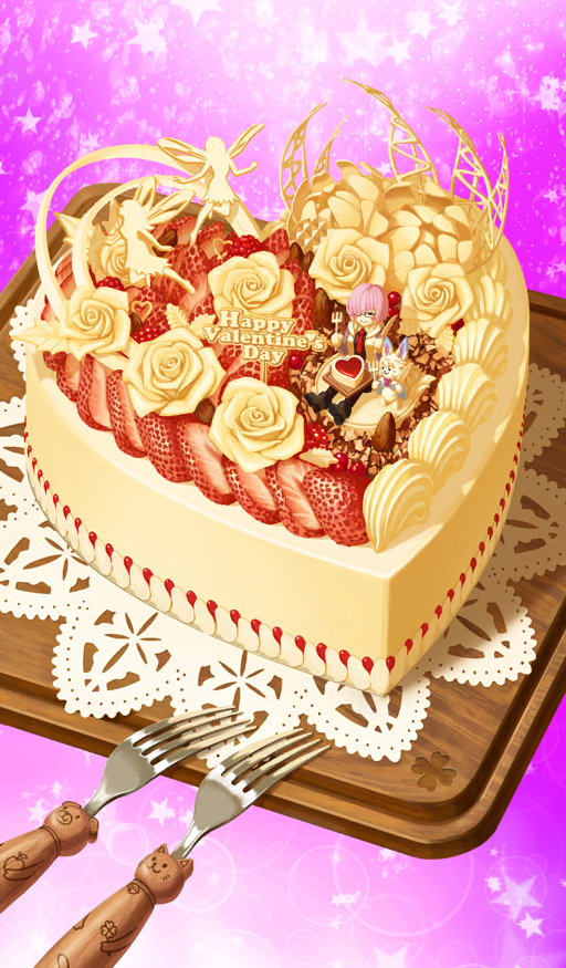 akitaken_(non_faciem) almond apple bear cake cat chocolate chocolate_cake clover commentary dessert doily fairy fate/grand_order fate_(series) flower food food_art food_focus fork fou_(fate) four-leaf_clover fruit han&#039;ei_no_chocolate_gardens_of_valentine heart heart-shaped_cake heart-shaped_food icing mash_kyrielight no_humans official_art pink_background rose star_(symbol) star_symbol_background still_life strawberry strawberry_slice third-party_source white_chocolate