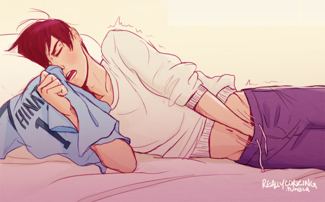 1boy haikyuu!! hand_in_pants hinata_shouyou jersey kageyama_tobio lying male_focus male_masturbation masturbation midriff on_side pants purple_pants reallycorking solo