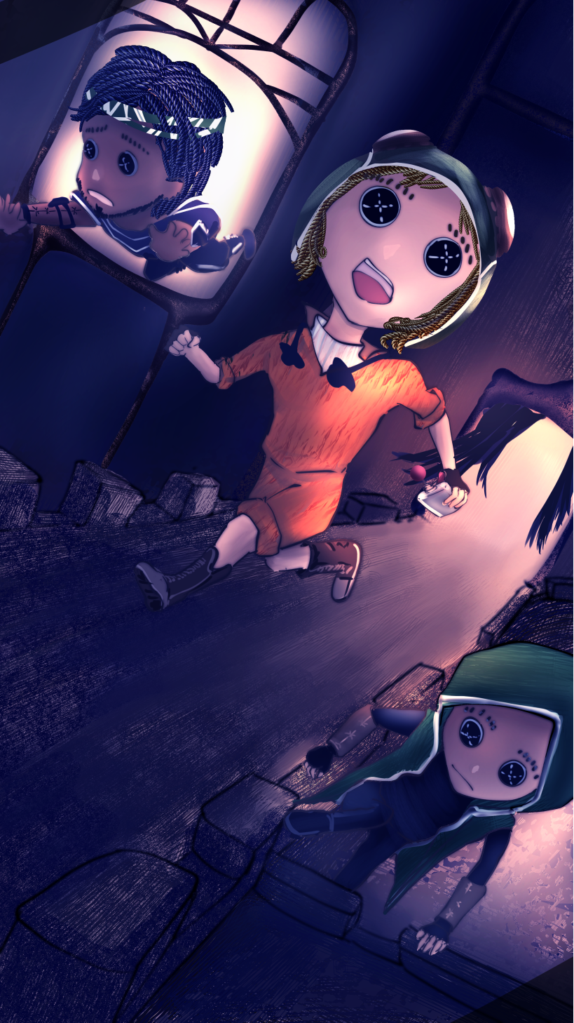 1girl bad_tag button_eyes buttons curtained_hair fleeing gloves highres holding identity_v looking_at_viewer mechanic mercenary naib_subedar night simple_background tracy_reznik