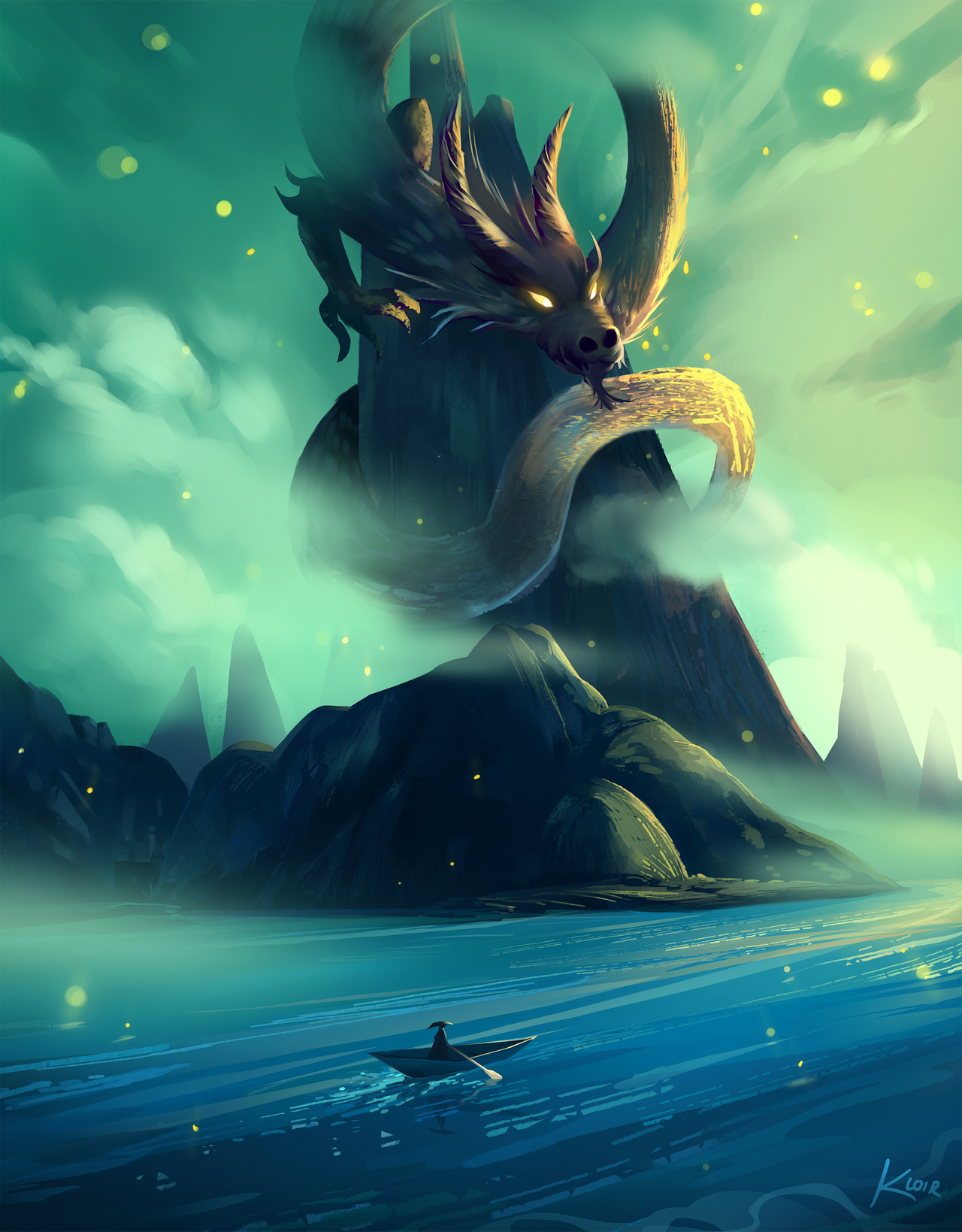1boy boat chinese_zodiac cloud commentary creature dragon dragon_horns eastern_dragon fantasy fog gold_scales green_sky hat highres holding holding_oar horns kloir landscape light_particles mountain mountainous_horizon oar original painterly river scenery sky straw_hat watercraft yellow_eyes zodiac