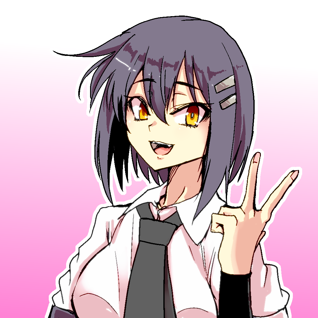 1girl black_hair collared_shirt fang kure_kirika looking_at_viewer mahou_shoujo_madoka_magica mahou_shoujo_oriko_magica mengnaidu necktie open_mouth orange_eyes portrait salute shirt solo two-finger_salute white_shirt