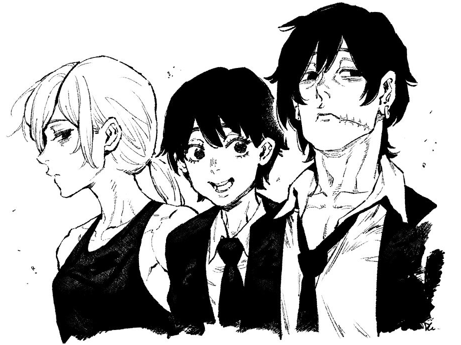 3boys black_hair black_jacket black_necktie black_shirt black_tank_top chainsaw_man character_request closed_mouth collarbone collared_shirt commentary_request double-parted_bangs dress_shirt earrings empty_eyes eyebrows_hidden_by_hair facial_scar facing_to_the_side ireading jacket jewelry kishibe_(chainsaw_man) kishibe_(young)_(chainsaw_man) light_particles long_hair looking_at_viewer medium_hair monochrome multiple_boys necktie open_mouth parted_bangs ponytail portrait quanxi_(chainsaw_man) scar scar_on_cheek scar_on_face shirt sidelocks signature simple_background smile tank_top white_background white_hair white_shirt