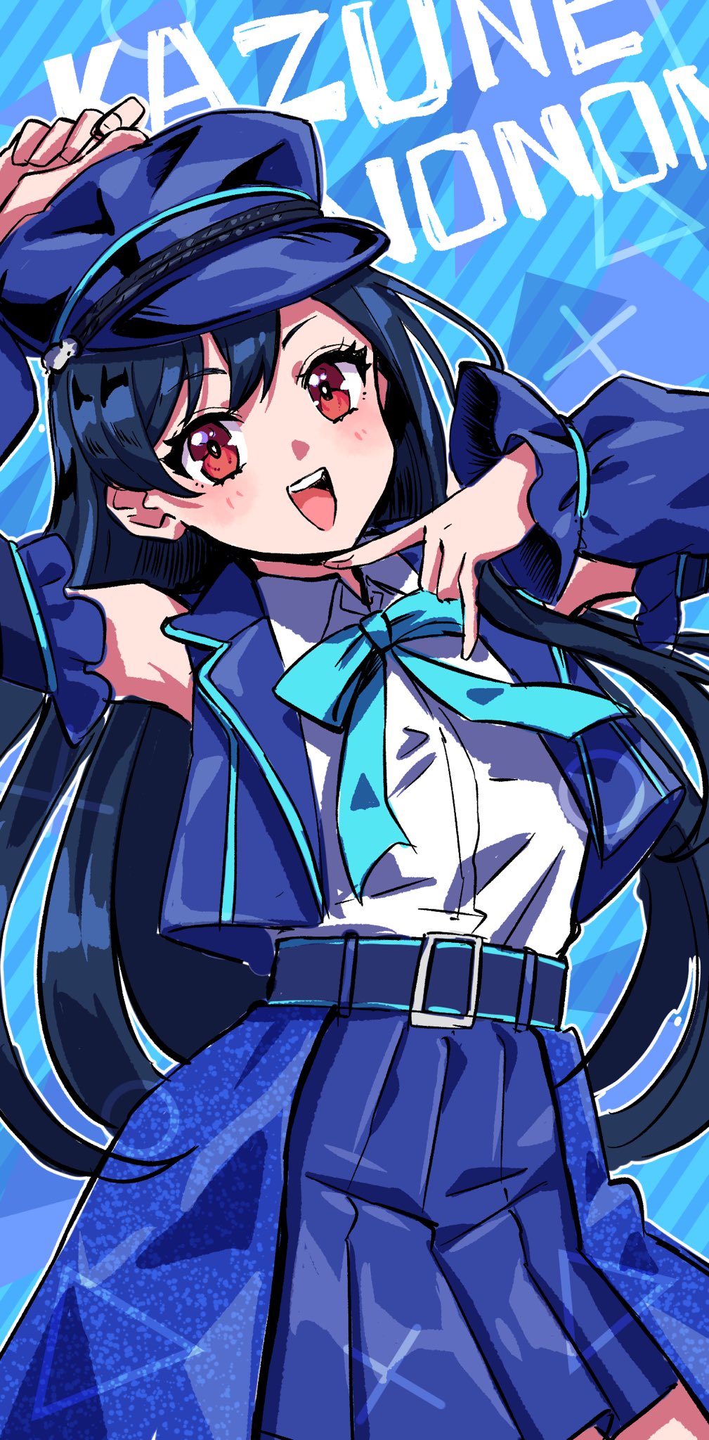 1girl :d arm_up belt blue_background blue_belt blue_hair blue_hat blue_jacket blue_ribbon blue_skirt character_name collared_shirt commentary_request cowboy_shot denonbu detached_sleeves hand_up hat highres jacket long_hair looking_at_viewer neck_ribbon official_alternate_costume open_mouth peaked_cap pleated_skirt red_eyes ribbon shinonome_kazune shirt skirt sleeveless sleeveless_jacket smile solo standing wanowanoji67 white_shirt
