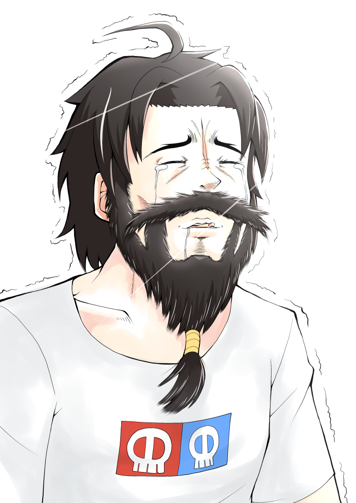 1boy ahoge beard black_hair crying edward_teach_(fate) facial_hair fate/grand_order fate_(series) food mustache pocky pororokka_(macareo) scar shirt skull solo tears trembling white_background