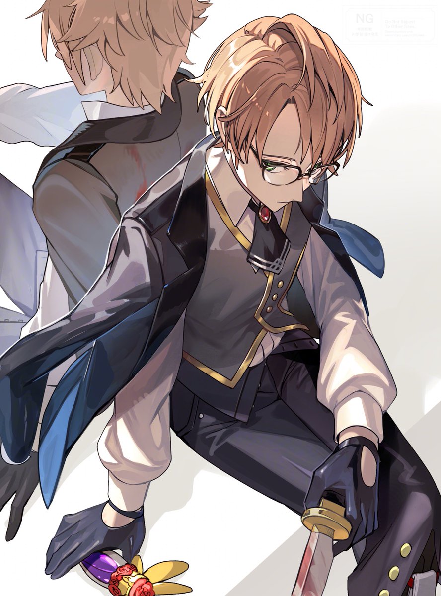 2boys ascot black_ascot black_gloves black_jacket black_pants blonde_hair blood blood_on_clothes brooch buttons collared_shirt dual_persona fate/grand_order fate_(series) glasses gloves gold_trim green_eyes grey_vest half_gloves henry_jekyll_(fate) highres holding holding_knife holding_weapon hyde_(fate) jacket jacket_on_shoulders jekyll_and_hyde_(fate) jewelry knife lapels long_sleeves multiple_boys notched_lapels open_collar pants potion shirt sitting sleeve_cuffs spiked_hair tsugutoku vest weapon white_shirt