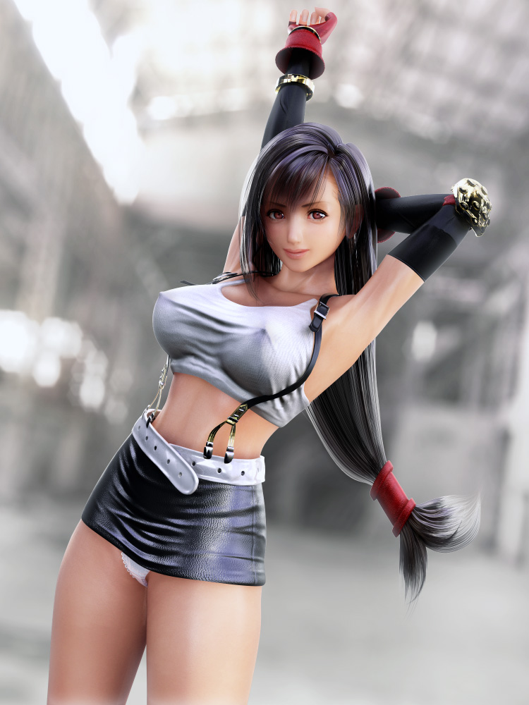 1990s_(style) 1girl 3d armpits black_hair black_skirt bracelet breasts brown_eyes covered_erect_nipples elbow_gloves female_focus final_fantasy final_fantasy_vii fingerless_gloves gloves incise_soul jewelry large_breasts long_hair low-tied_long_hair m-rs midriff miniskirt navel panties pantyshot pencil_skirt ponytail red_eyes retro_artstyle shirt skirt solo suspender_skirt suspenders taut_clothes taut_shirt tifa_lockhart underwear upskirt white_panties