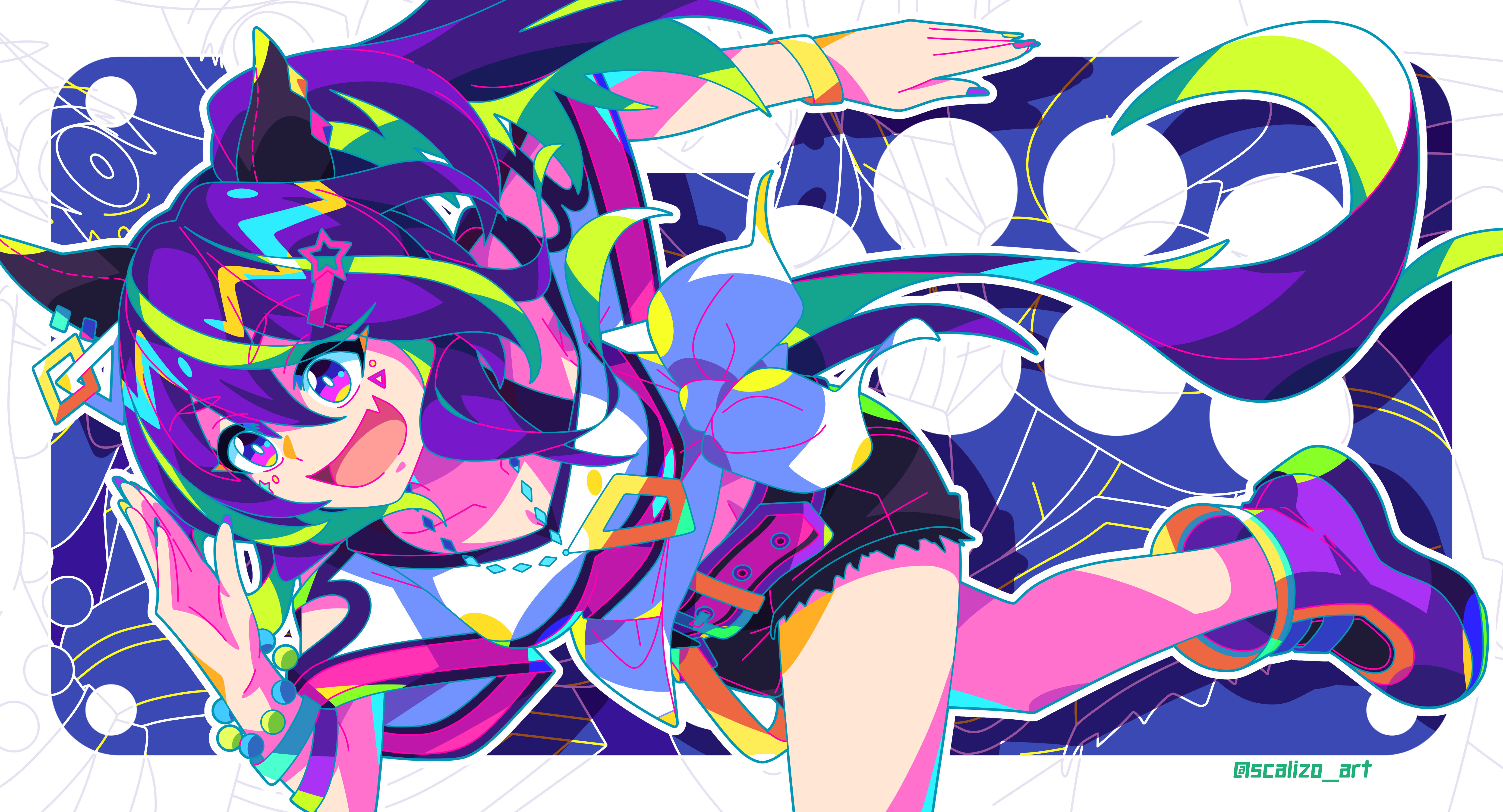 1girl absurdres animal_ears arcade_stick_template bead_bracelet beads belt black_shorts blonde_hair boots bracelet colored_inner_hair commentary_request cutoffs daitaku_helios_(umamusume) ear_covers ear_piercing facial_tattoo fang gradient_eyes hair_between_eyes hair_ornament highres horse_ears horse_girl horse_tail inverted_colors jewelry multicolored_eyes multicolored_hair multicolored_nails nail_polish necklace open_mouth piercing running scalizo shorts side_ponytail skin_fang smile solo streaked_hair tail tattoo twitter_username umamusume