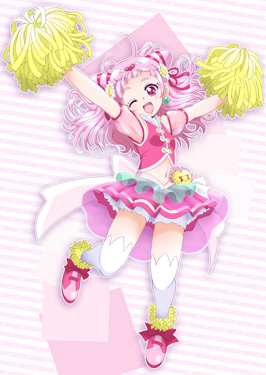 1girl :d amraam120c anklet arched_bangs arms_up back_bow bloomers bow buttons cone_hair_bun cure_yell detached_sleeves double-breasted earrings flower full_body hair_bun hair_flower hair_ornament hair_ribbon heart heart_hair_ornament highres holding holding_pom_poms hugtto!_precure jewelry long_hair looking_at_viewer magical_girl midriff miniskirt navel nono_hana one_eye_closed open_mouth pink_eyes pink_hair pink_skirt pleated_skirt pom_pom_(cheerleading) pom_pom_(clothes) pom_poms precure puffy_short_sleeves puffy_sleeves ribbon short_bangs short_sleeves skirt smile solo thighhighs underwear white_thighhighs