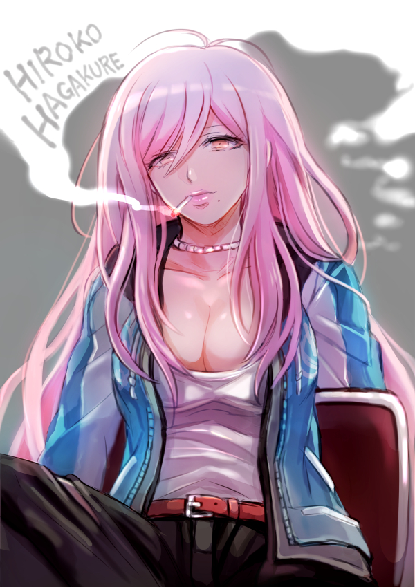 1girl ahoge breasts chiko cigarette cleavage danganronpa_(series) danganronpa_another_episode:_ultra_despair_girls female_focus formal_clothes hagakure_hiroko large_breasts long_hair mole pink_eyes pink_hair sitting smoke smoking solo suit